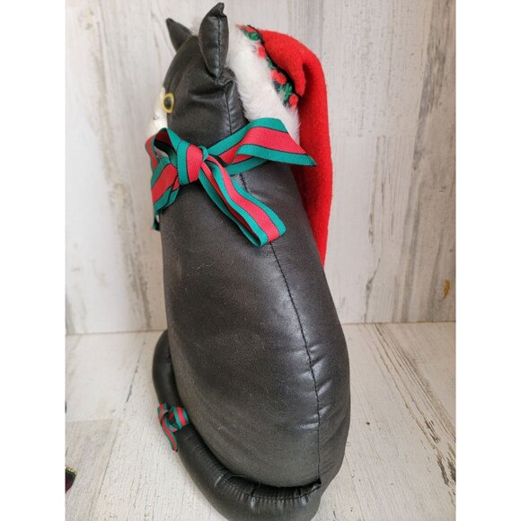 Vintage plush black tuxedo Cat santa claus hat home decor xmas - Picture 3 of 6